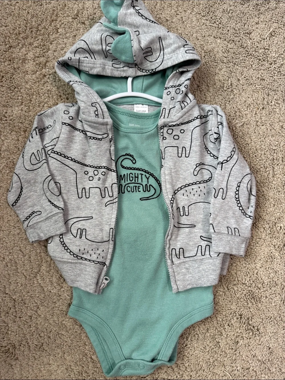 👶 5/$10!! Mighty Cute Dino Mint One-Piece with Gray Dino Hoodie Set (9MO)